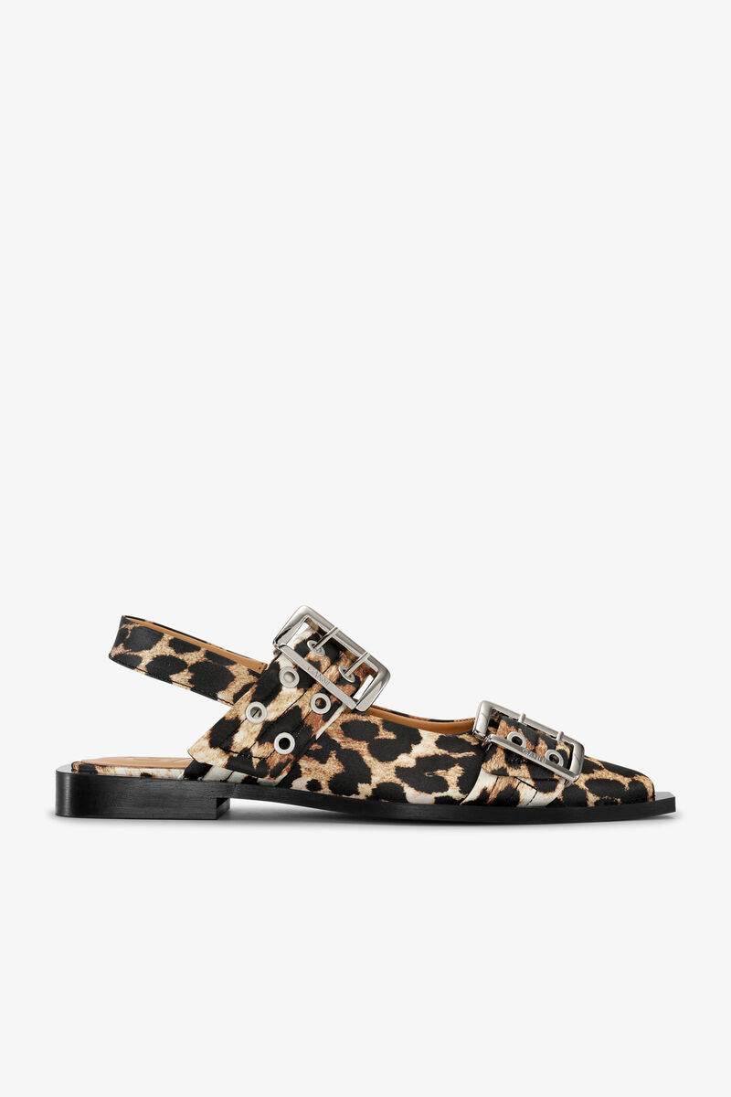 GANNI Feminine Buckle Ballerinas “Leopard Satin”