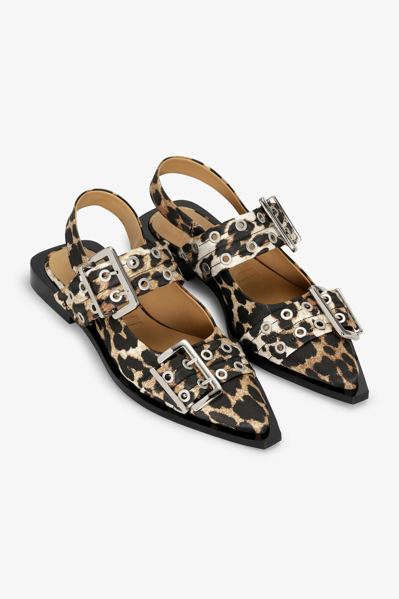 GANNI Feminine Buckle Ballerinas “Leopard Satin”